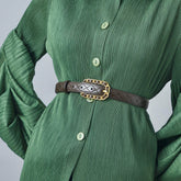 Brown leather women's belt-dark with distinctive quilted-link metal leather